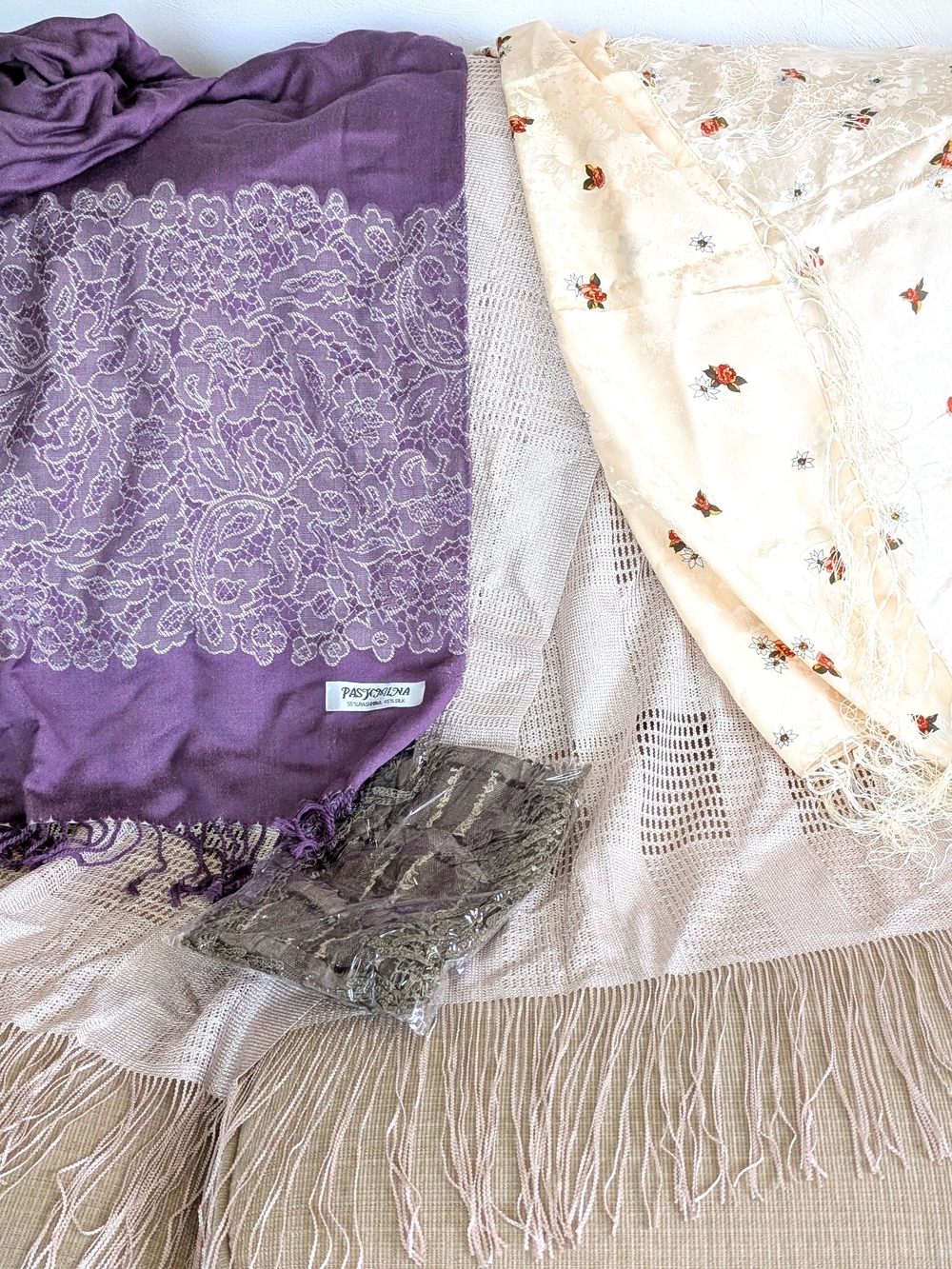 4-Piece Scarf Bundle: Pashmina/Silk, Floral & Textured Wraps